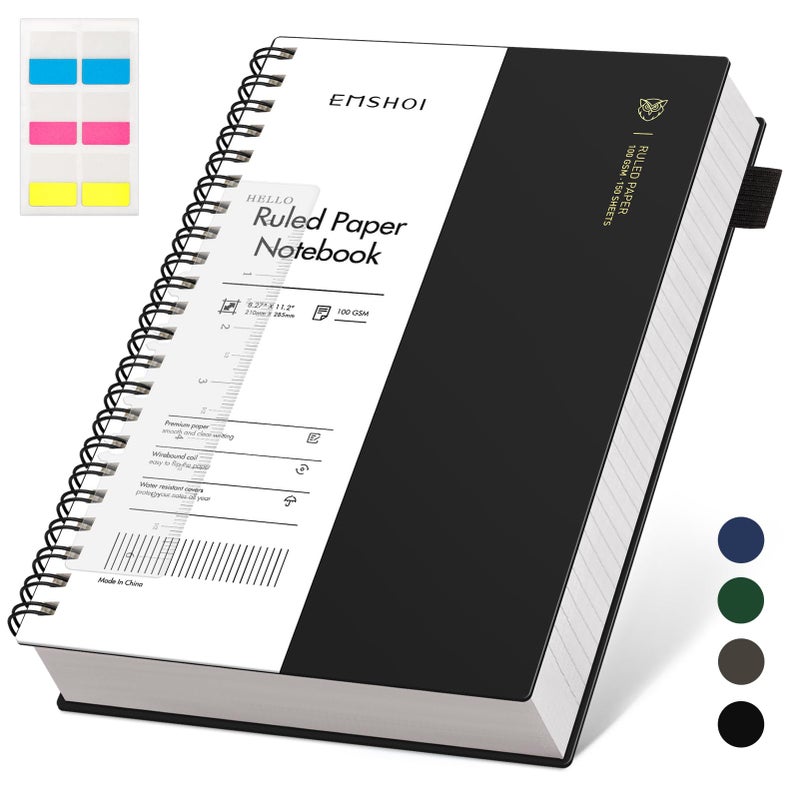 EMSHOI A4 Spiral Notebook Lined Journal, 11.2"" X 8.27"", 300 Pages/150 Sheets, 100gsm Thick Paper, Waterproof Softcover, Twin-Wire Binding, for School Work Writing Note Taking-Black - Image 1